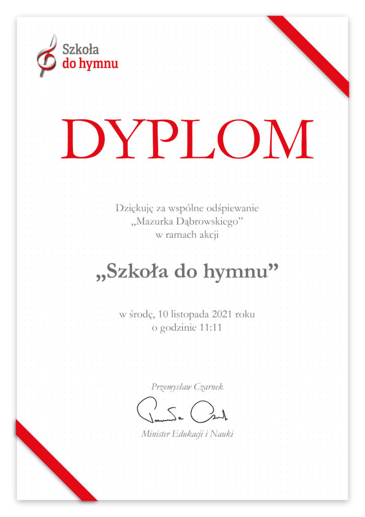 Dyplom z podziękowaniem za udział w akcji "Do hymnu"