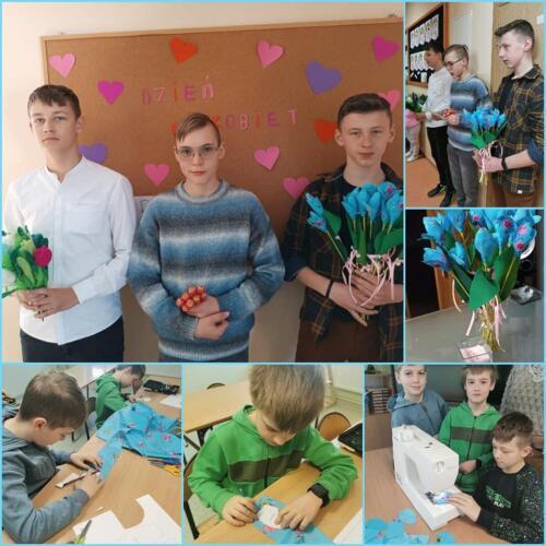Chłopcy szyją kwiatki dla dziewczynek