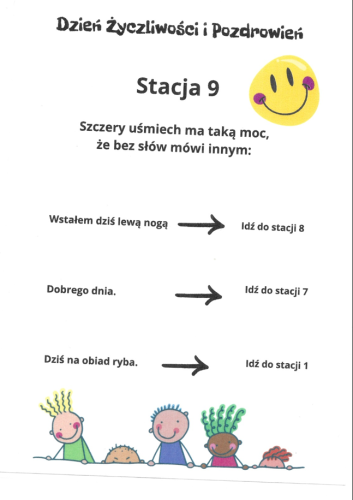 uczniowie ubrani na żółto rozwiązują zadania na stacjach