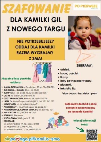 Informacja o akcjach charytatywnych dla Kamilki - kiermasz ubrań