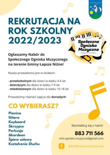 Plakat zachęcający do udziału w zajęciach szkoły muzycznej